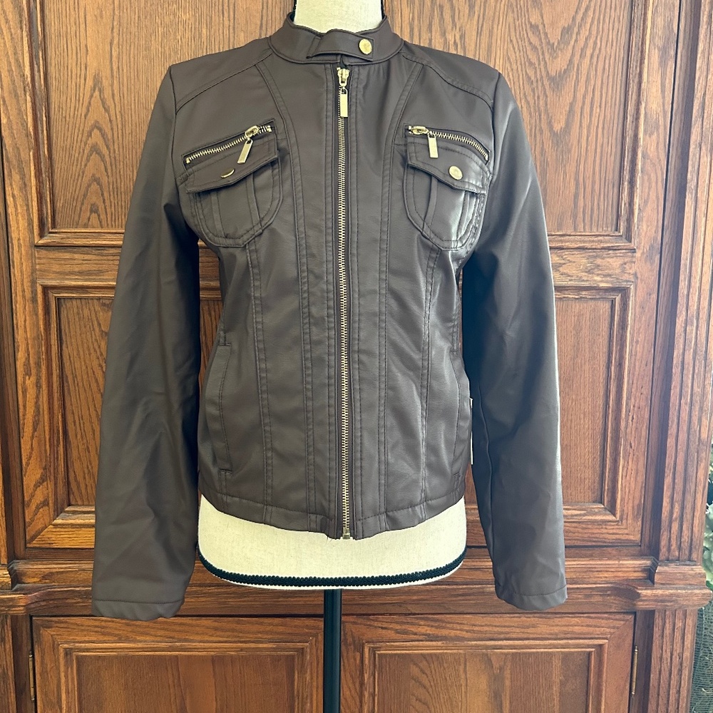 Miss Selfie brown FAUX leather jacket with gold-toned hardware Size Medium